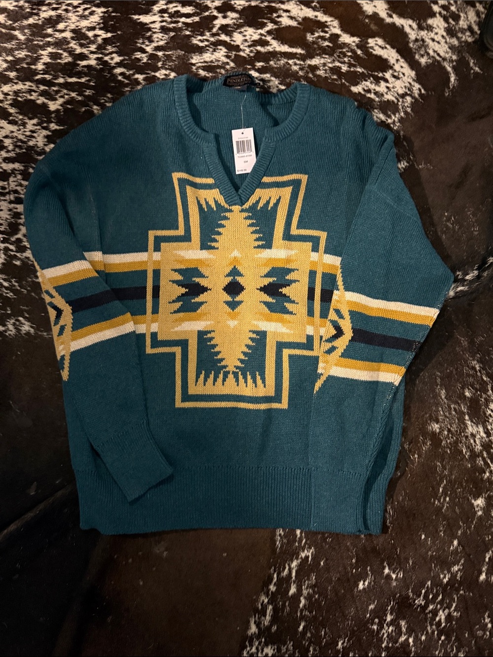 Pendleton Teal Sweater with Gold & Cream Aztec Motif